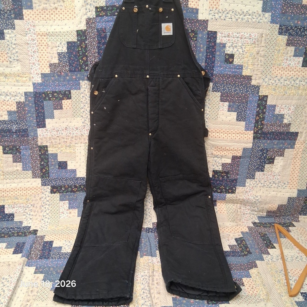 Vintage 2002 Carhartt R03 BLK Insulated Black Double Knee Overall Bibs Sz 32x32 - Picture 2 of 15